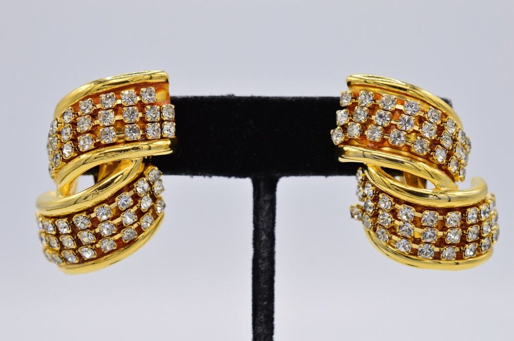 Vintage Crystal Clip On Earrings Gold Sparkling Rhinestone Chunky 1980s BinAF